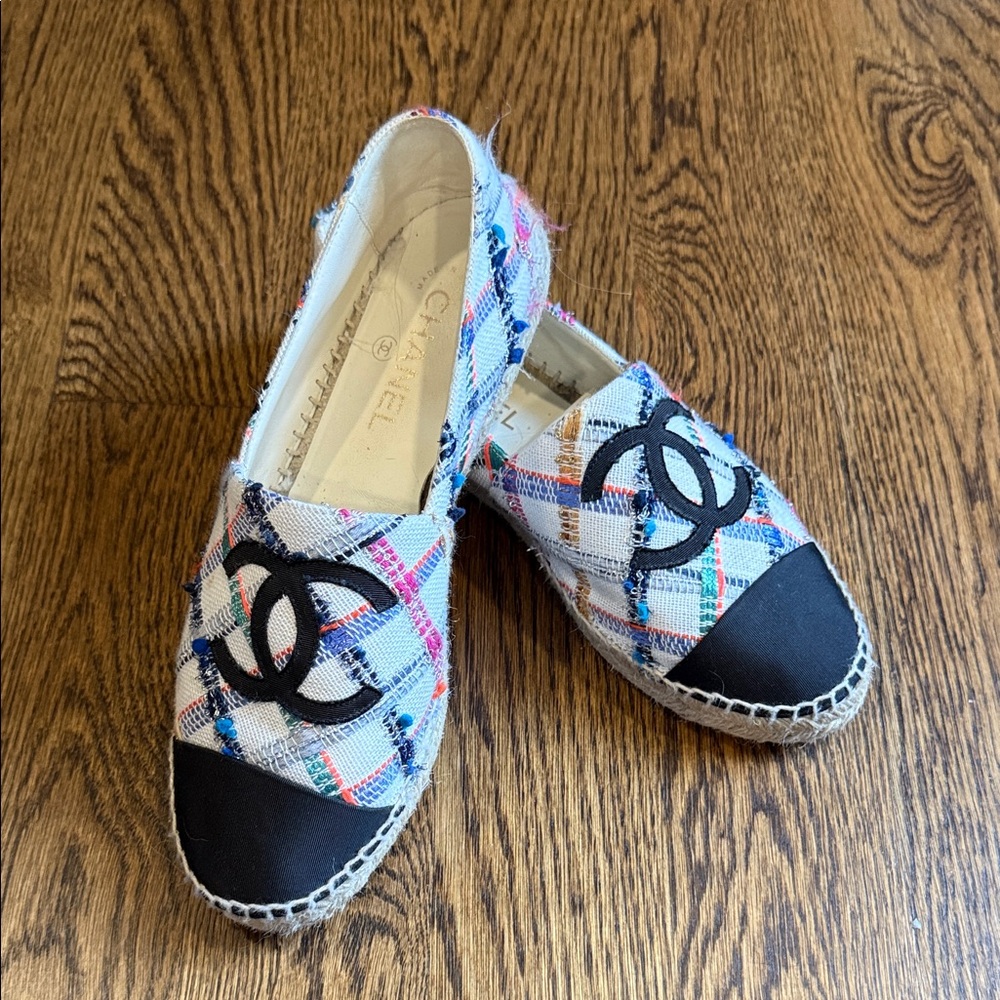 Chanel Plaid Espadrilles with Black Accents